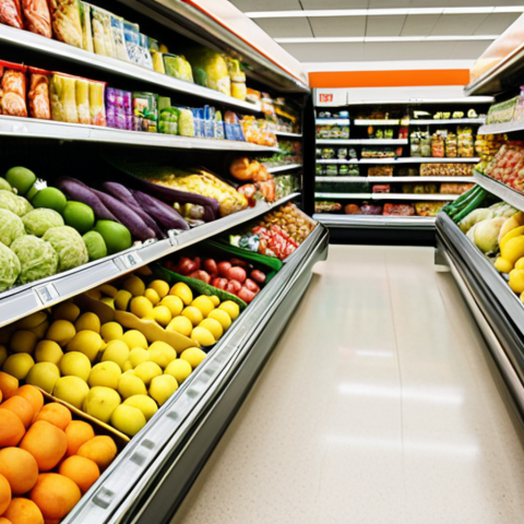 **

> A brightly lit supermarket aisle. In the foreground, vibrant fruits and vegetables are displayed at eye-level. Further back, less healthy snack options are visible but less prominent. Focus on creating a welcoming and appealing atmosphere to encourage healthy choices.

**