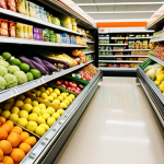 **

> A brightly lit supermarket aisle. In the foreground, vibrant fruits and vegetables are displayed at eye-level. Further back, less healthy snack options are visible but less prominent. Focus on creating a welcoming and appealing atmosphere to encourage healthy choices.

**