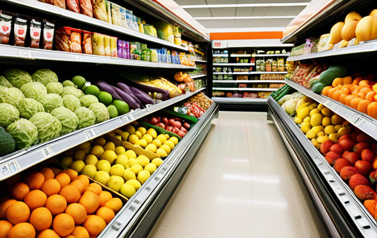 **

> A brightly lit supermarket aisle. In the foreground, vibrant fruits and vegetables are displayed at eye-level. Further back, less healthy snack options are visible but less prominent. Focus on creating a welcoming and appealing atmosphere to encourage healthy choices.

**